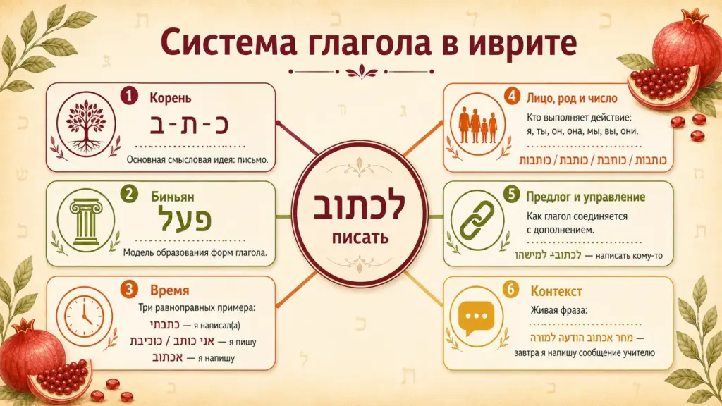 Схема строения формы אכתוב: корень, биньян, время, лицо и число, Предлог и управление