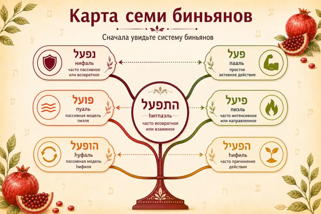 Карта семи биньянов иврита с активными, пассивными и возвратными моделями.
